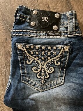 Miss Me Women's Skinny Jeans in Dark Blue with White Embroidery